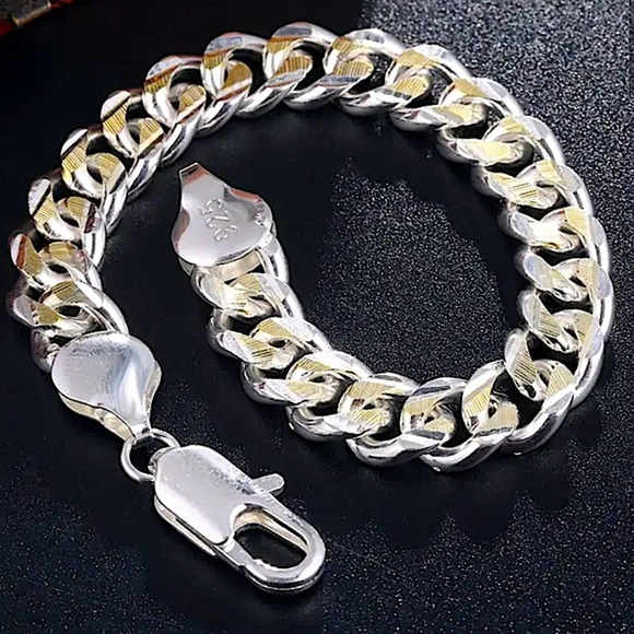 Cuban Chain Link Sterling Silver Gold Two Tone Silver Unisex Bracelet - Picture 3 of 5